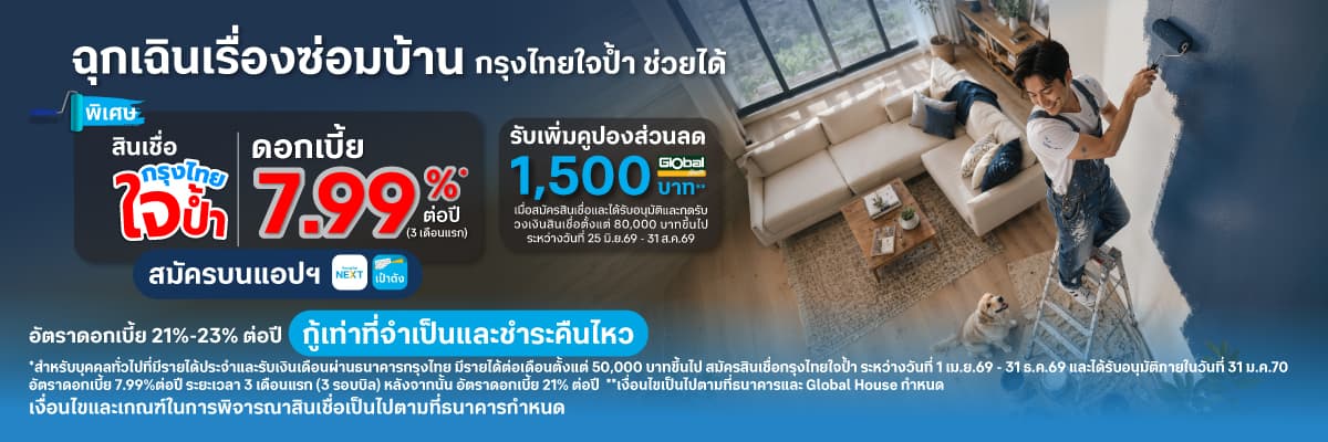 ฉุกเฉินเรื่องซ่อมบ้าน กรุงไทยใจป้ำช่วยได้ พิเศษ สำหรับลูกค้า Global House 
