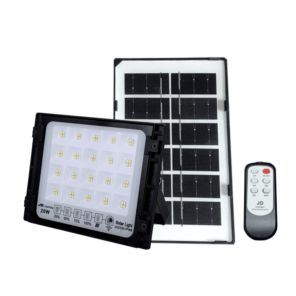 JD โคมไฟสปอร์ตไลท์โซลาร์เซลล์ 20W พร้อมรีโมท รุ่นJTGD-8820W+รีโมท IP65 แสงวอร์มไวท์