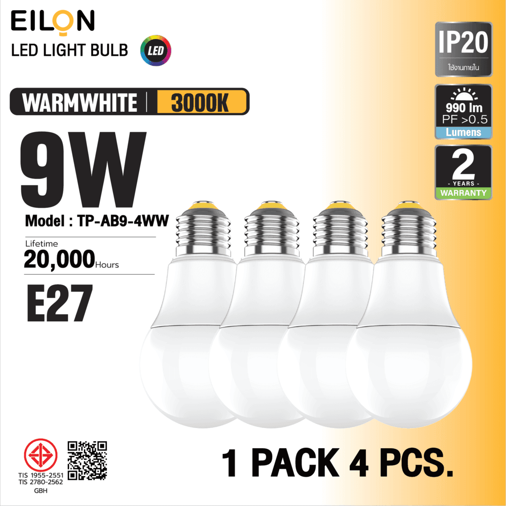 EILON หลอด LED BULB 9W 945lm 3000K E27 รุ่นTP-AB9-4WW แสงวอร์มไวท์  (แพ็ค 4 ชิ้น)