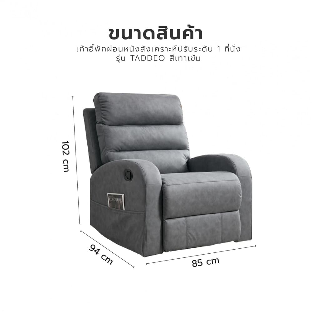 PULITO เก้าอี้พักผ่อน 1 ที่นั่ง รุ่น TADDEO ขนาด 85x161.5x102 ซม.  สีเทาเข้ม