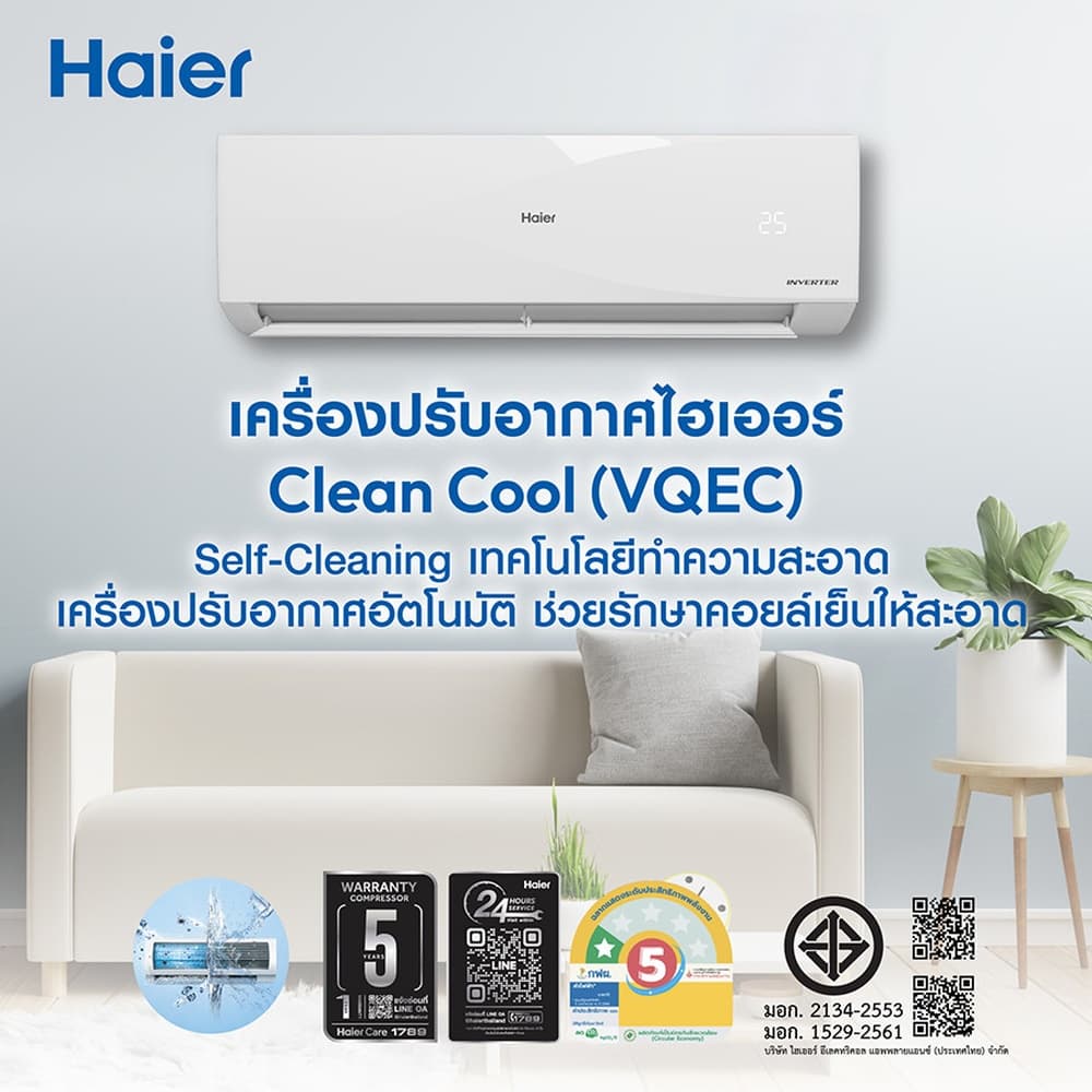 HAIER เครื่องปรับอากาศ Inverter ขนาด 18,200 BTU รุ่น HSU-18VQEC05 สีขาว