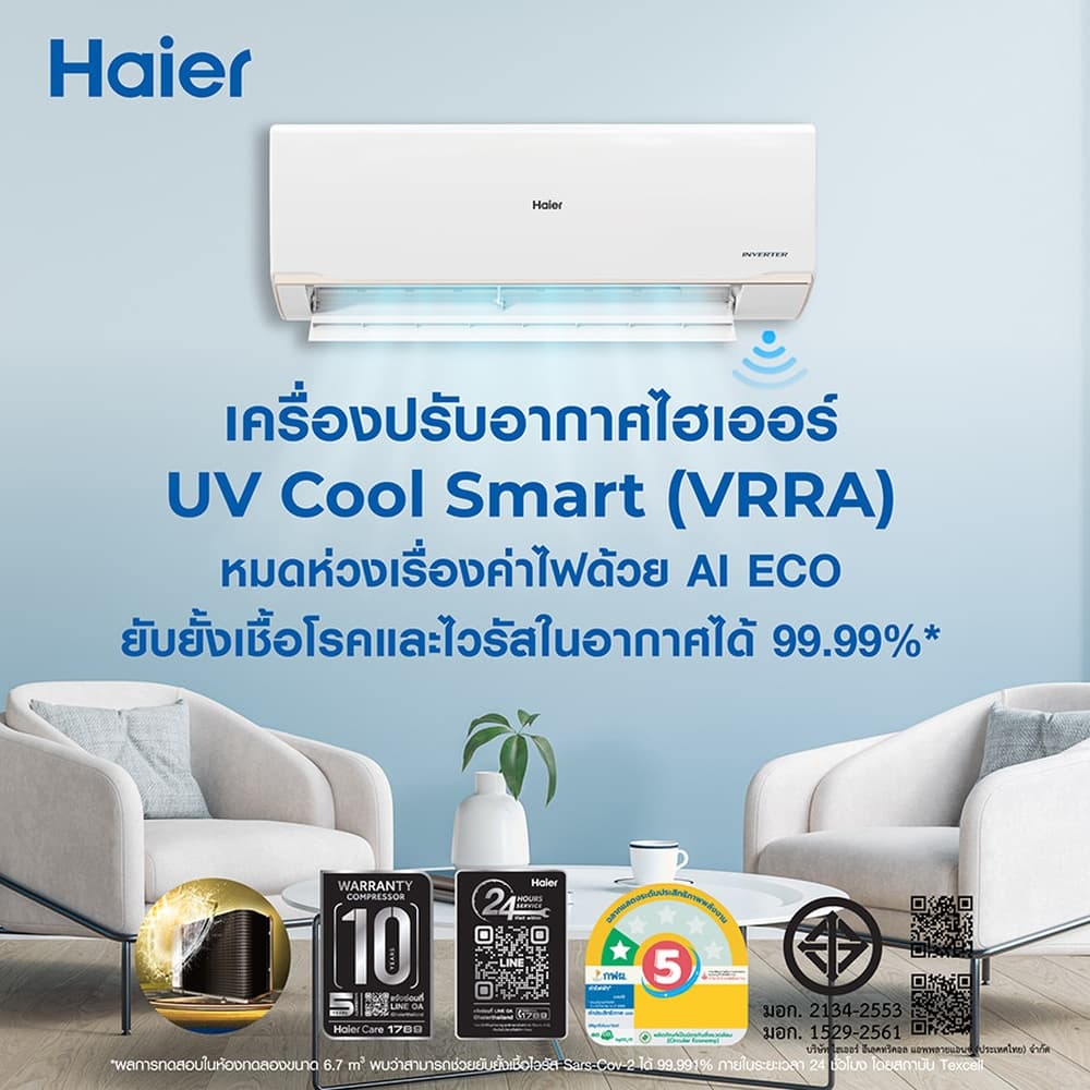 HAIER เครื่องปรับอากาศ Inverter ขนาด 9,200 BTU รุ่น HSU-09VRRA05SBF สีขาว