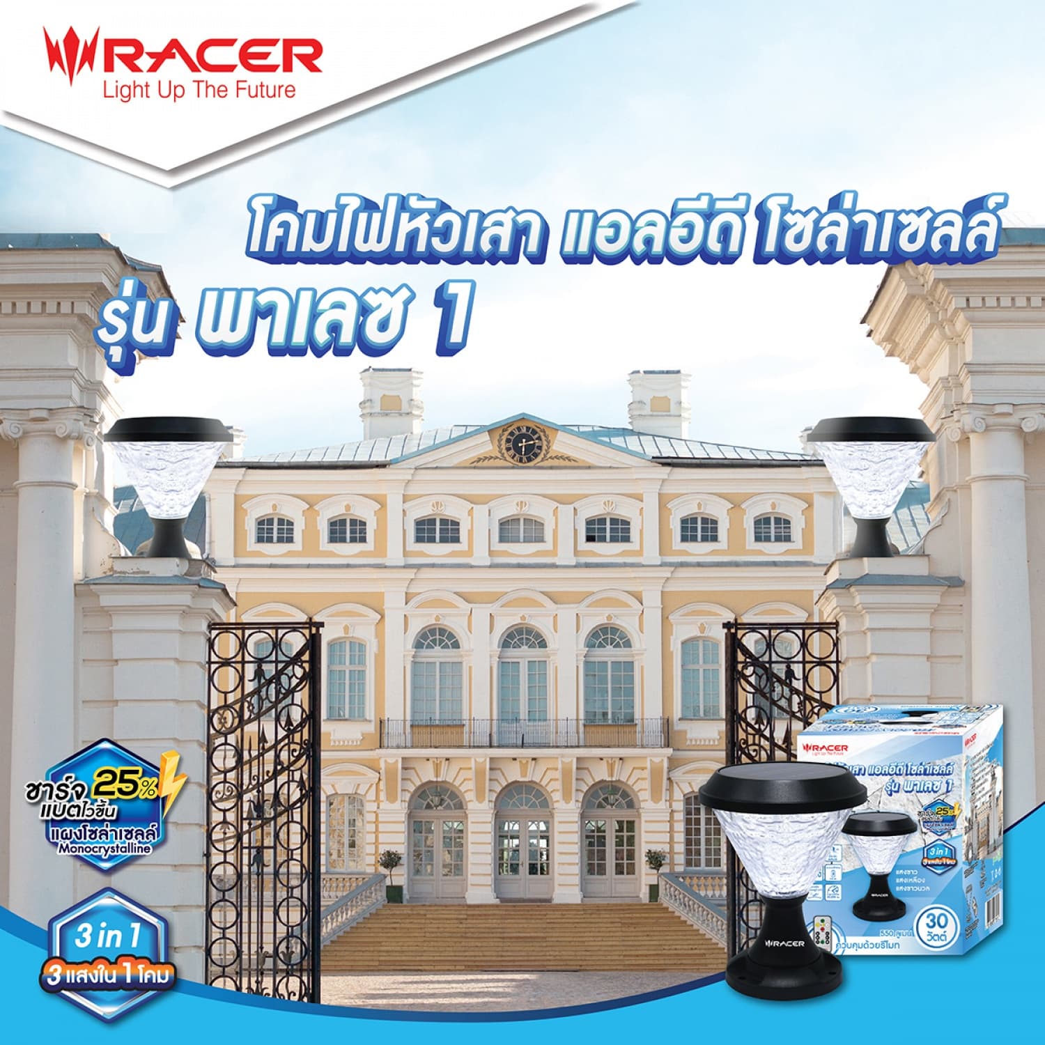 RACER โคมไฟหัวเสาโซล่าเซลล์ แอลอีดี  30 วัตต์ รุ่น PALACE 1 IP65