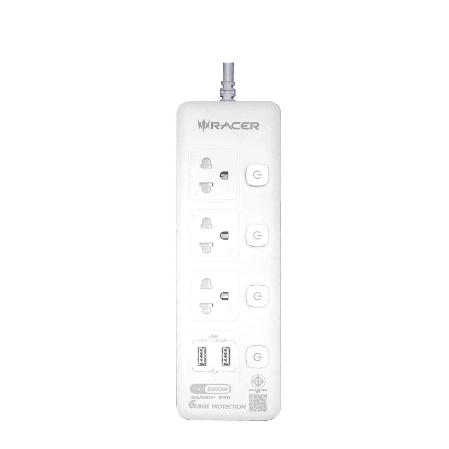 RACER รางปลั๊กไฟ 3 ช่อง 1 USB-A 1C 10A 2300W 250V ยาว 3 เมตร 