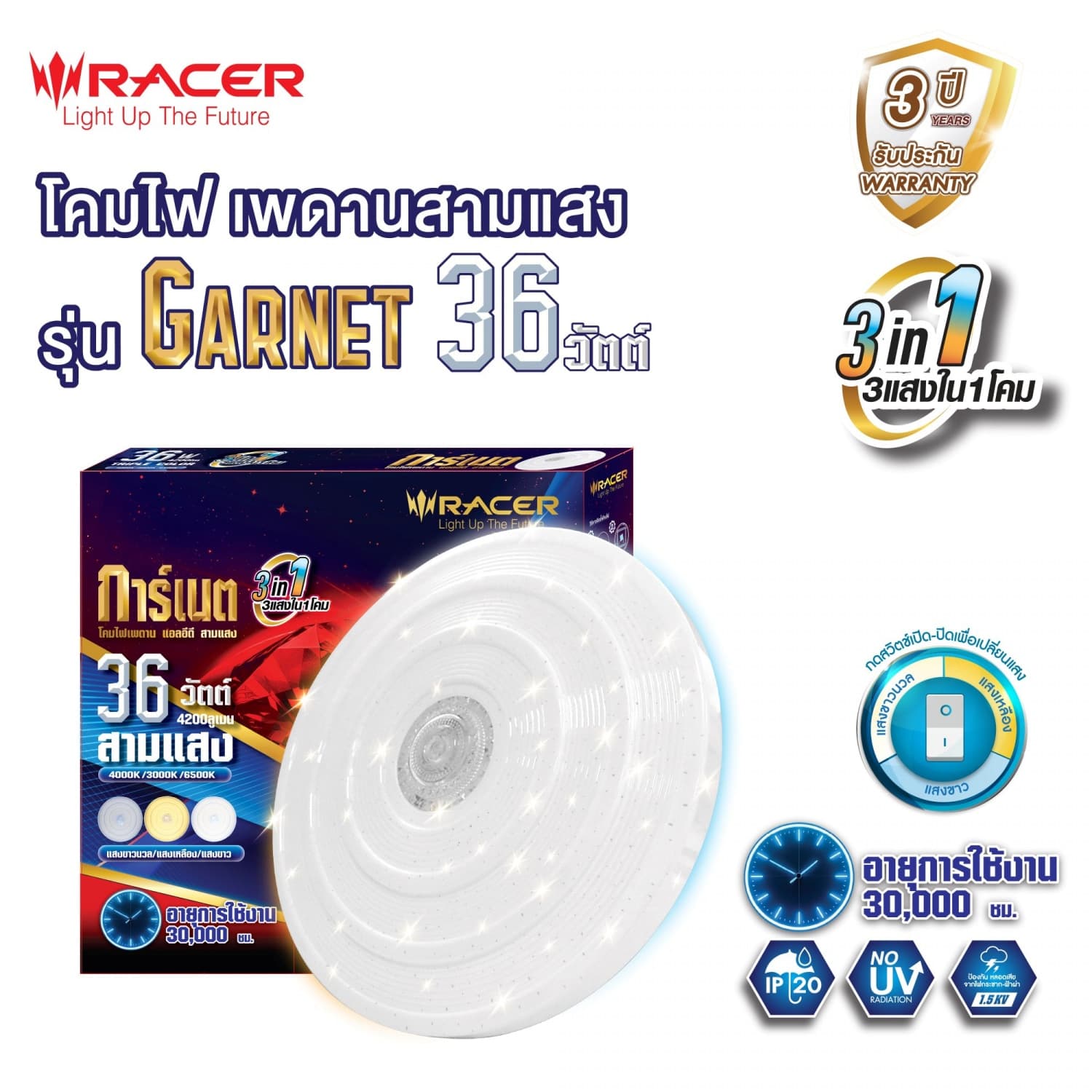 RACER โคมไฟเพดาน แอลอีดี สามแสง 36 วัตต์ รุ่น การ์เนต 01