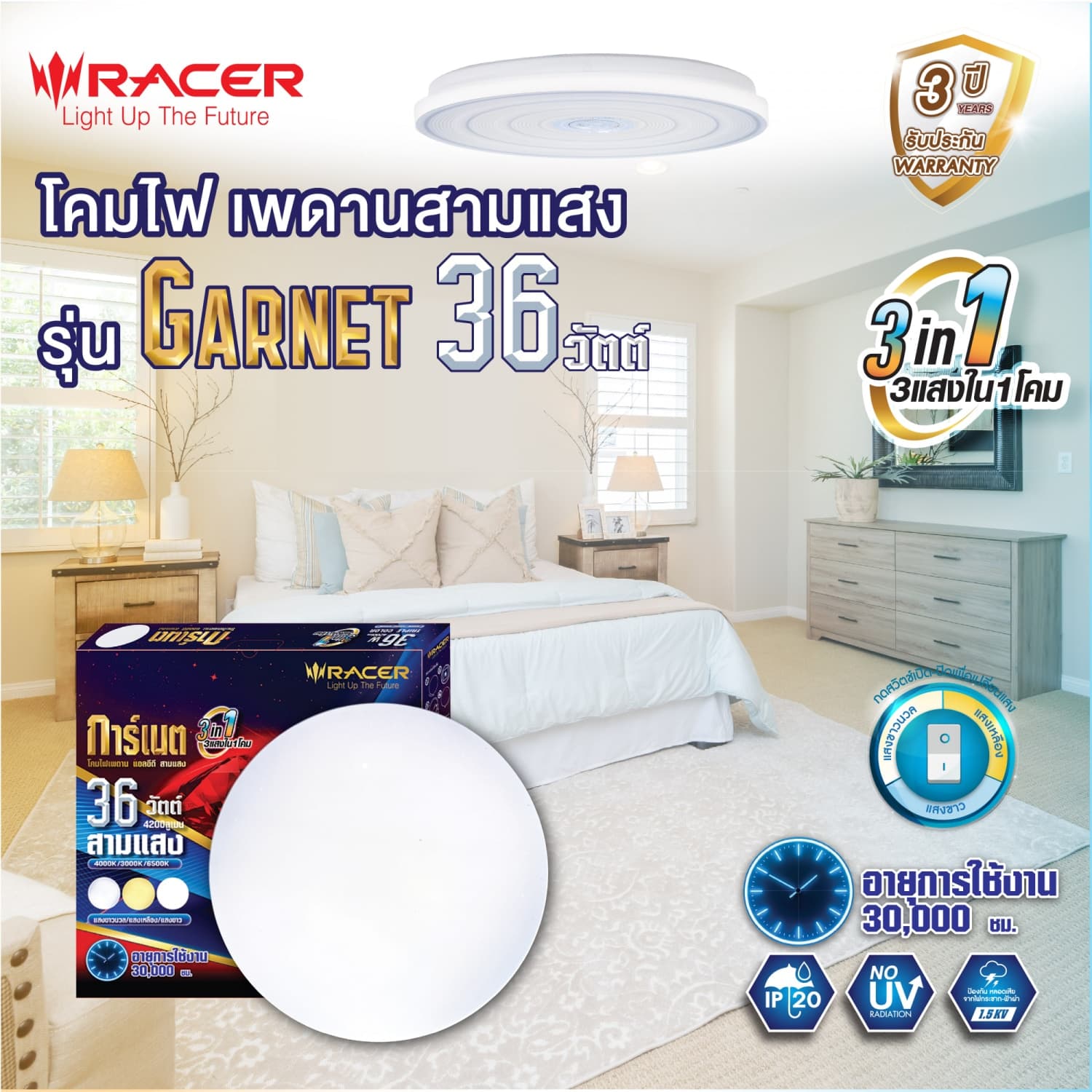 RACER โคมไฟเพดาน แอลอีดี สามแสง 36 วัตต์ รุ่น การ์เนต 02 5