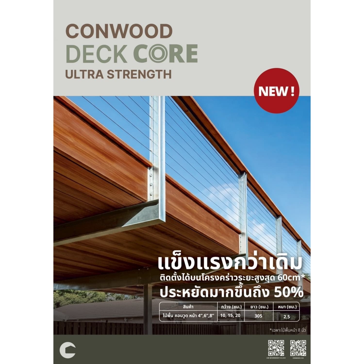 คอนวูด ไม้พื้น4นิ้ว รุ่นเด็คคอร์ ที-ล็อค 2.5x10x305ซม. สีออทัมทีค 2