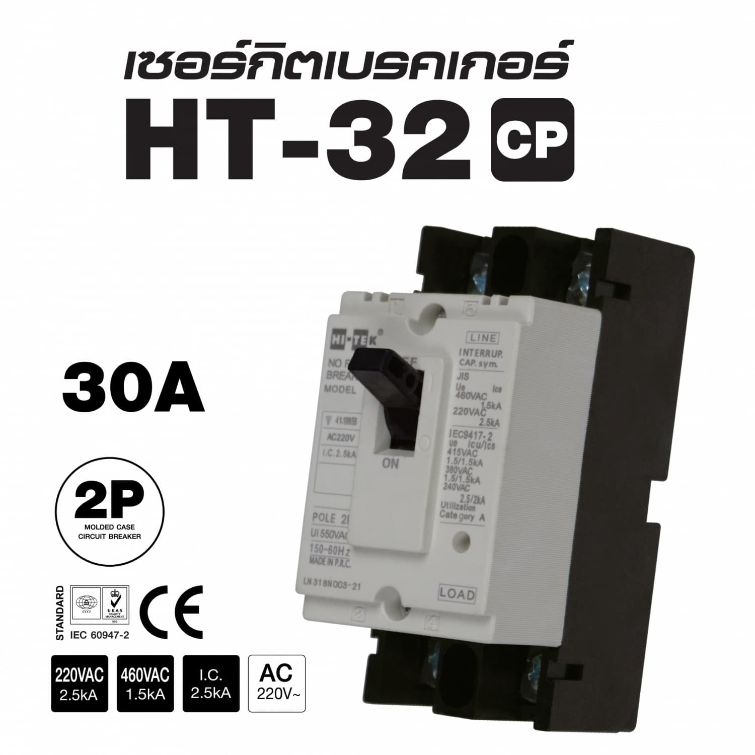 HI-TEK เซอร์กิตเบรคเกอร์เฟรมใหญ่ 2P 30A สีเทา 2