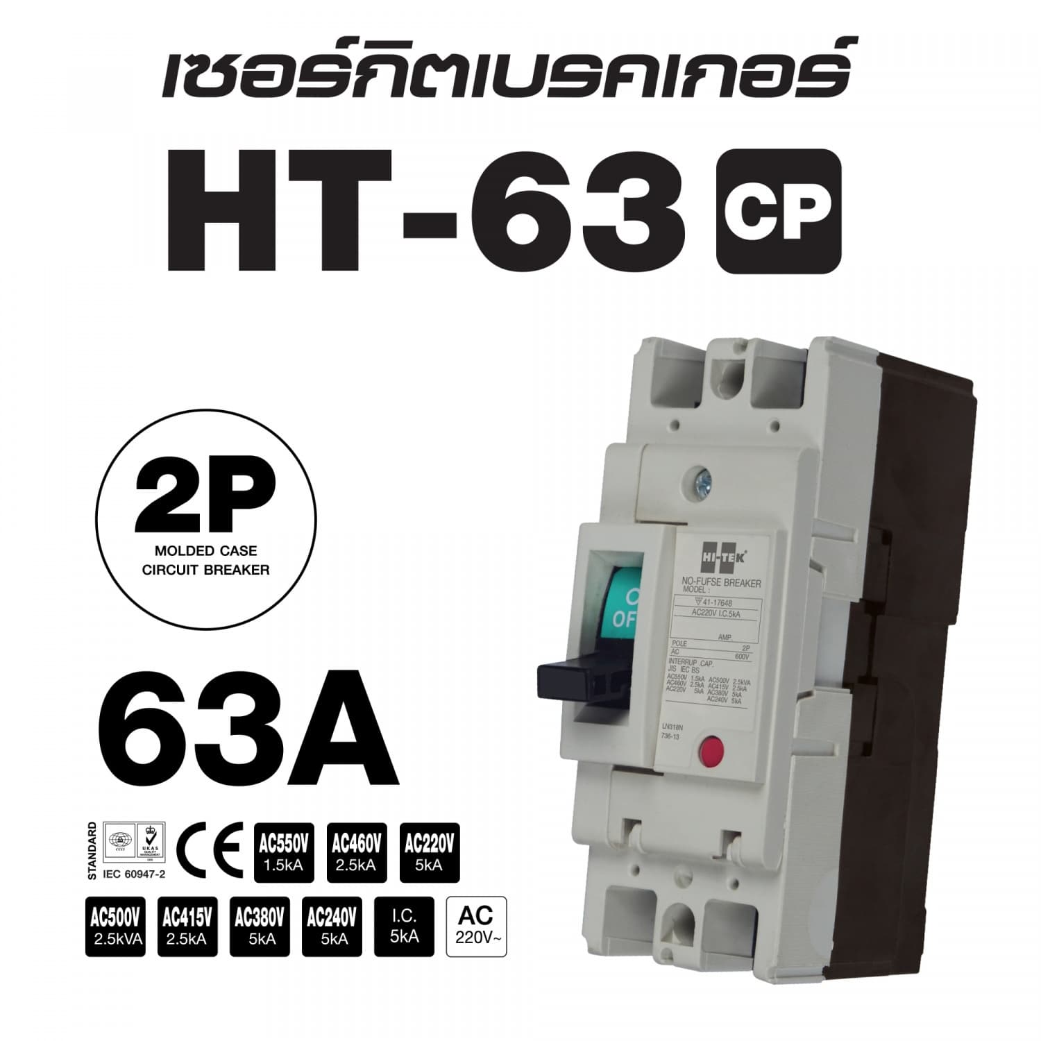 HI-TEK เซอร์กิตเบรคเกอร์เฟรมใหญ่ 2P 63A รุ่น HT-63 สีเทา 3