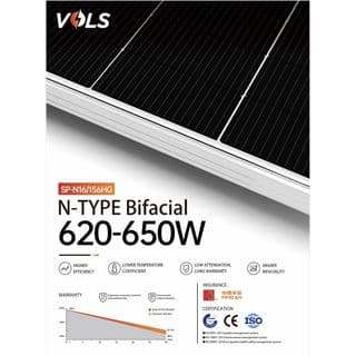 VOLS แผงโซล่าเซลล์  625W MONOCRYSTALLINE รุ่น SP-N16/156HG  N-Type Bifacila 2,465 X 1,134 X 30mm สีดำ 2