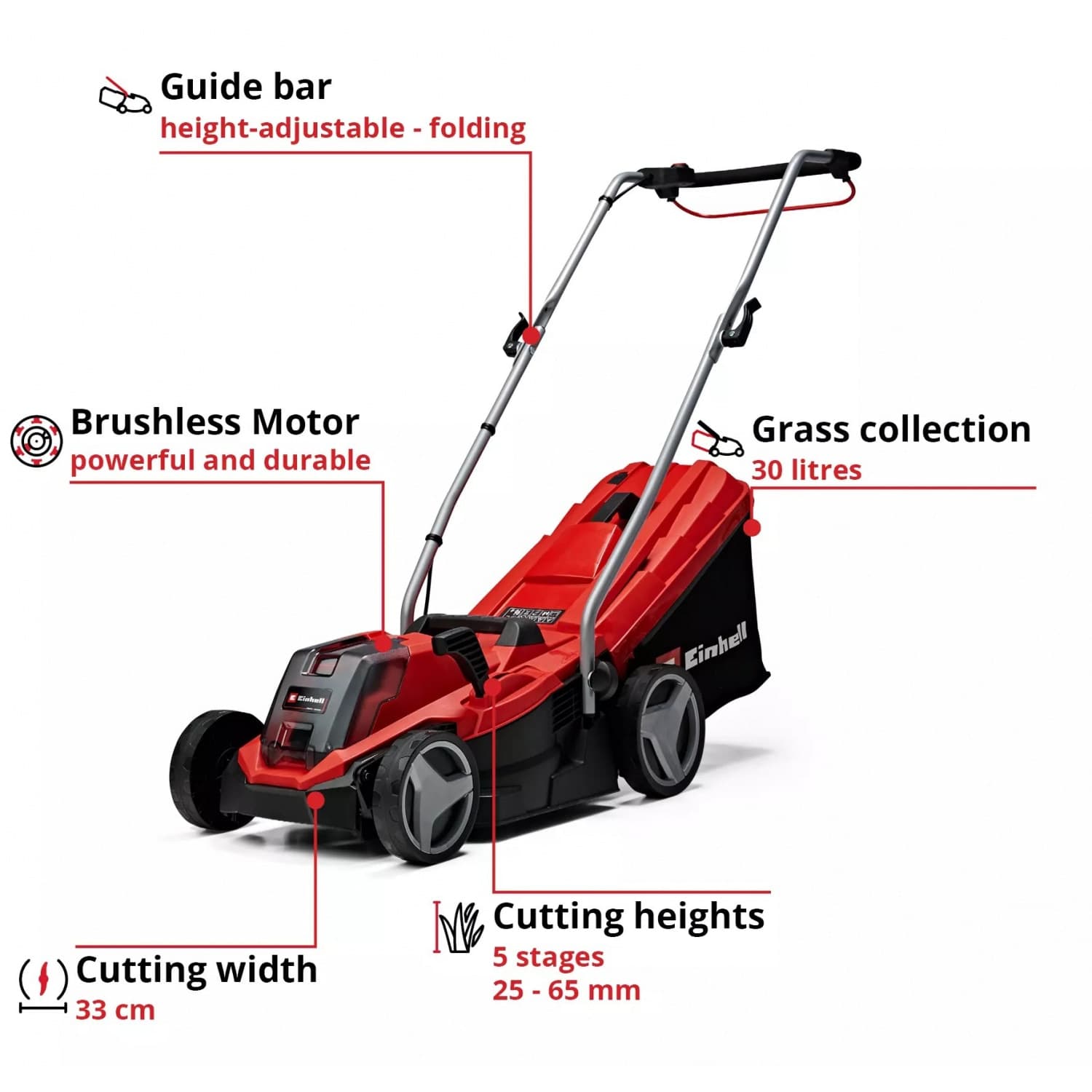 Einhell เครื่องตัดหญ้าไร้สายแบบรถเข็น ขนาด 18V เส้นผ่าศูนย์กลางการตัด 33cm. รุ่น GE-CM 18/33 Li Brushless Solo 3