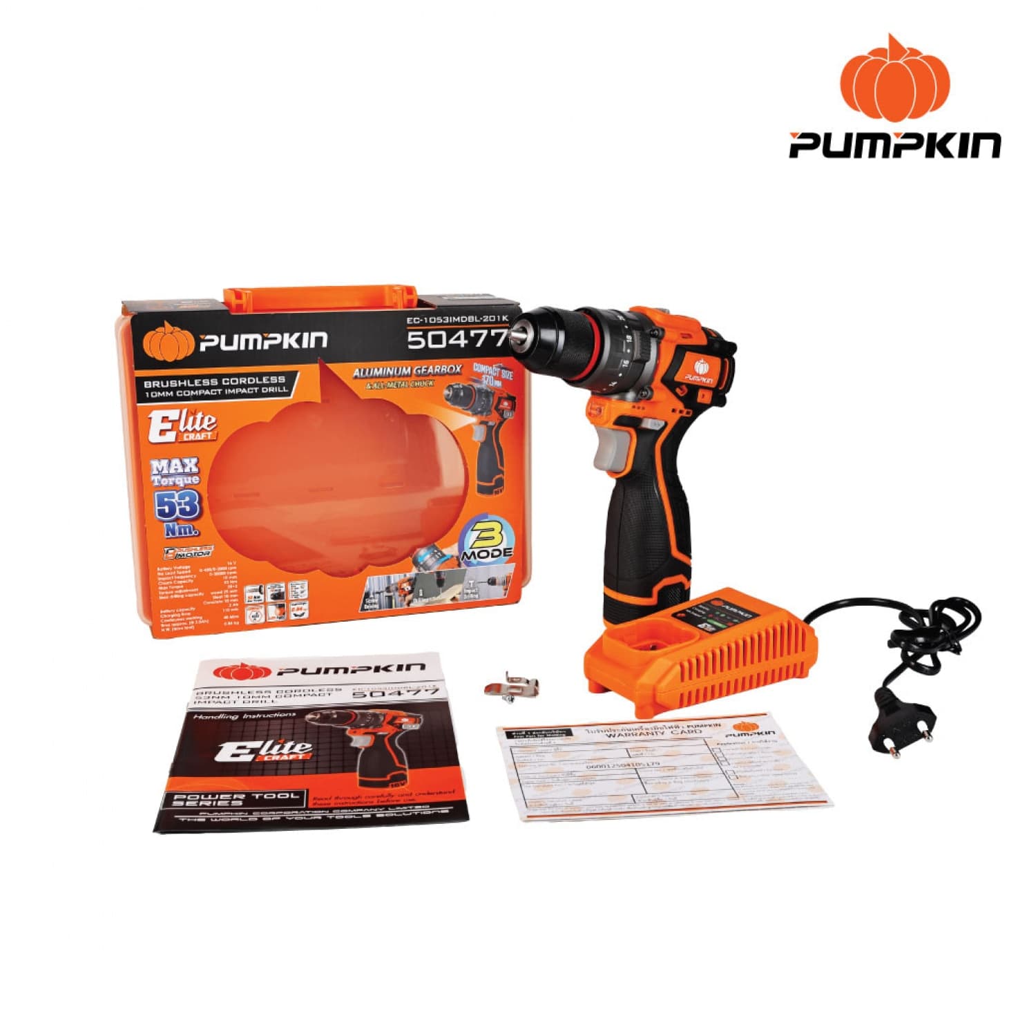 PUMPKIN สว่านกระแทกไร้สาย 53Nm ขนาด 10mm Compact ไร้แปรงถ่าน 16V Li-ion รุ่น EC-1053IMDBL-201K (50477) 5