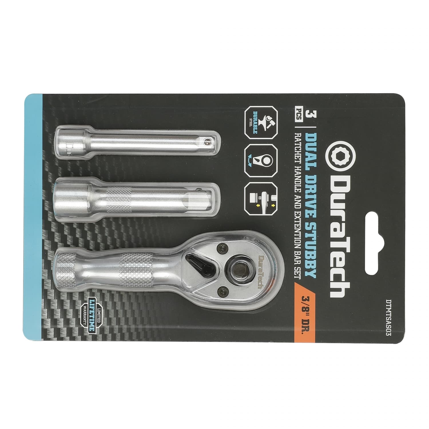 Duratech ด้ามบ๊อกซ์ ( ด้ามฟรี ) พร้อมข้อต่อ 3 ชิ้น หัวคู่แบบสั้น ขนาด 3/8 นิ้ว รุ่น DTMTSAS03 3