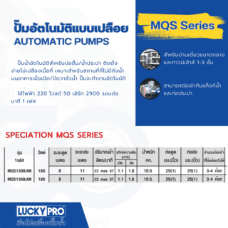 LUCKY PRO ปั๊มน้ำอัตโนมัติ 180W รุ่น LP-MQS136B/A 3
